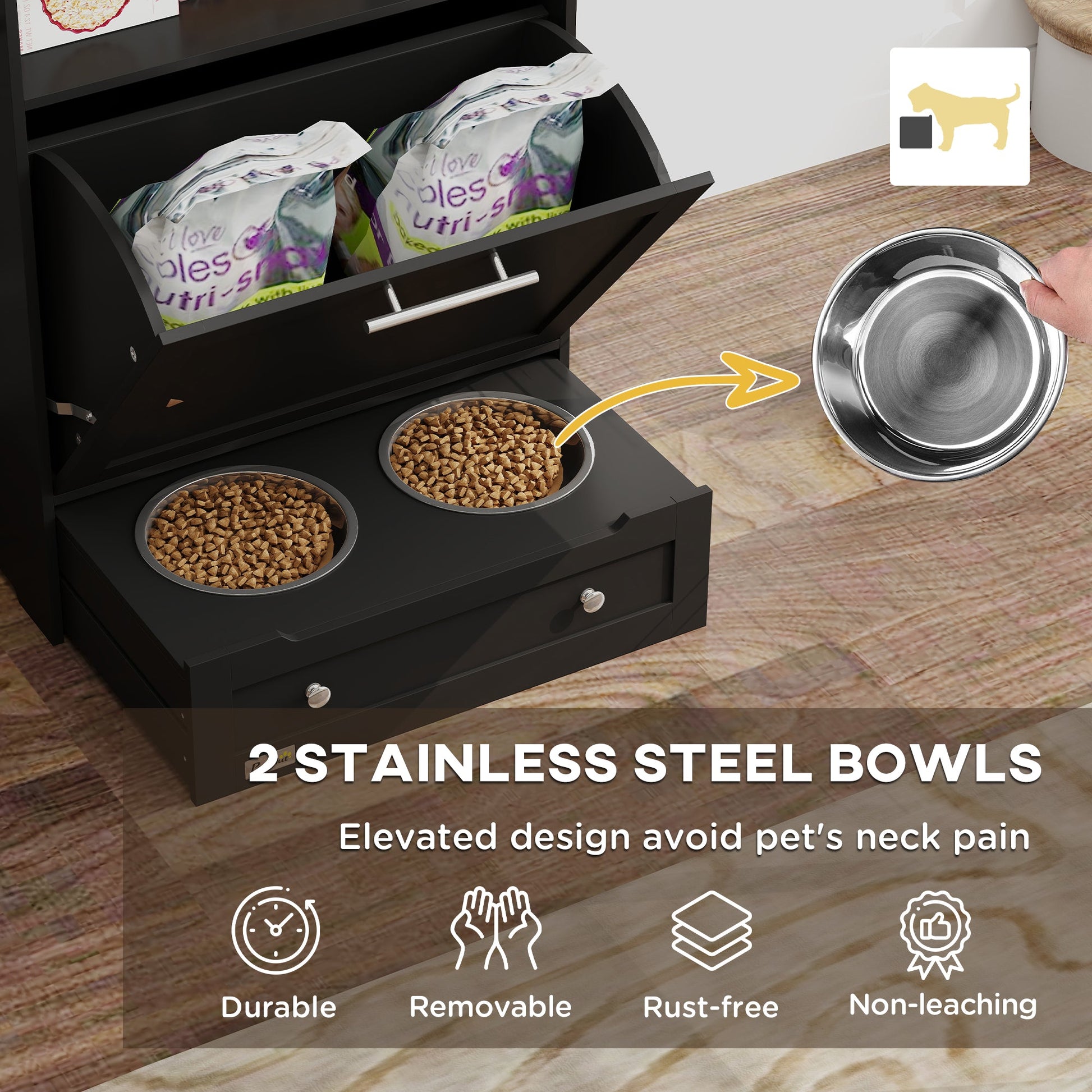 KFX-2081085 Pet Feeder Station Storage Cabinet with Two Removable Bowls and Storage Space, Black