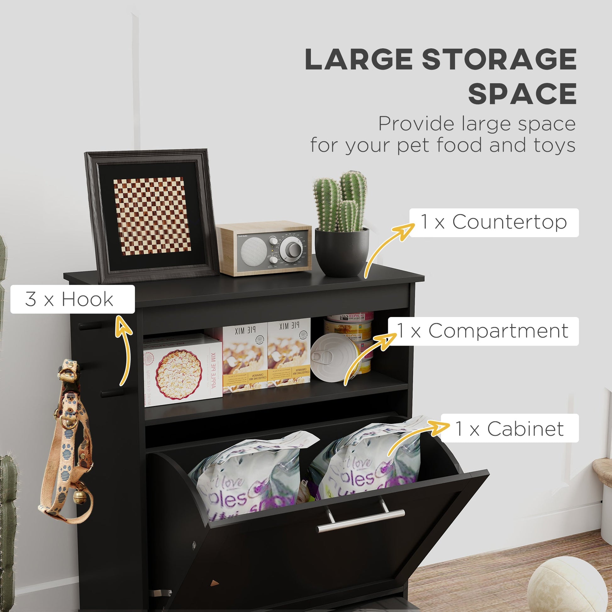 KFX-2081085 Pet Feeder Station Storage Cabinet with Two Removable Bowls and Storage Space, Black