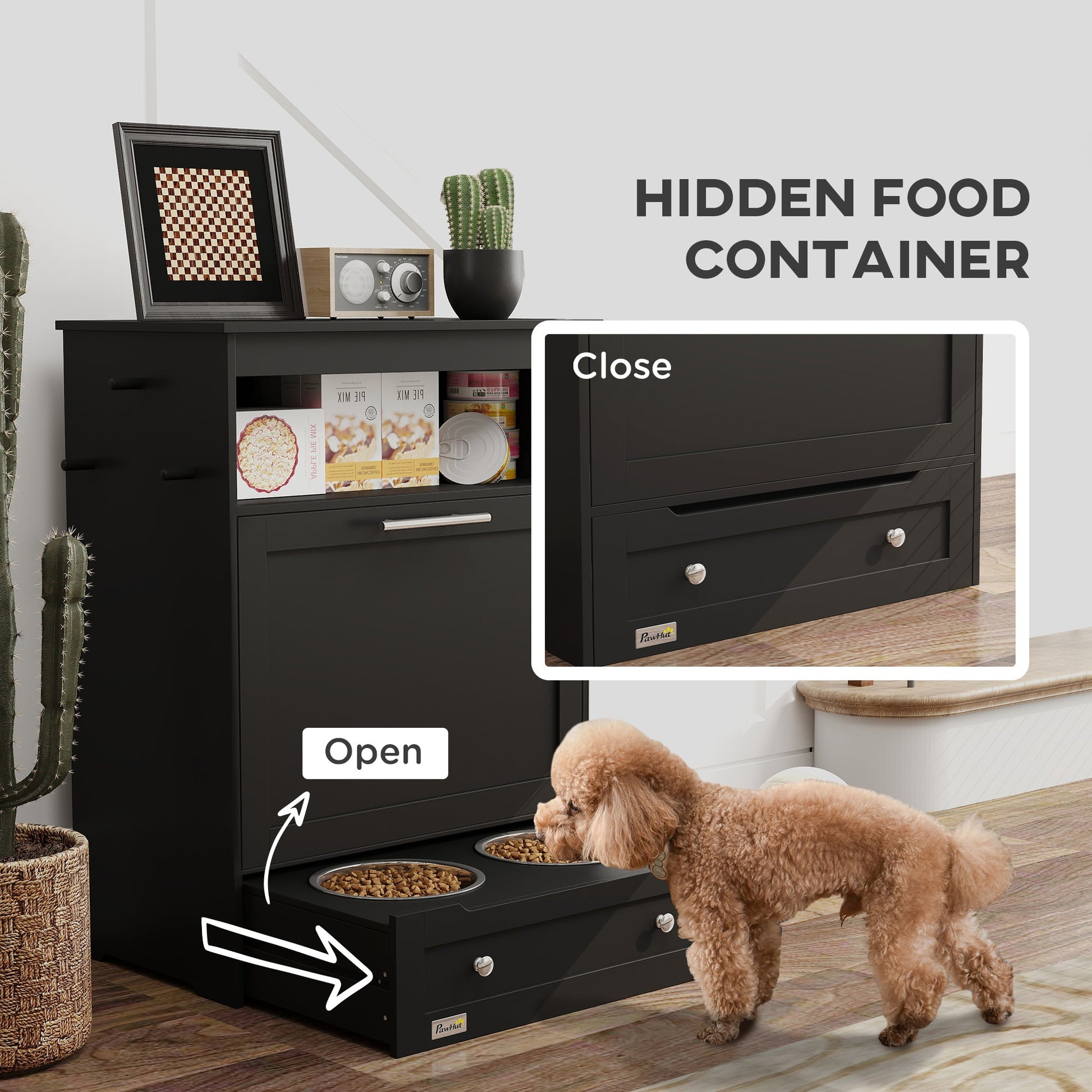 KFX-2081085 Pet Feeder Station Storage Cabinet with Two Removable Bowls and Storage Space, Black
