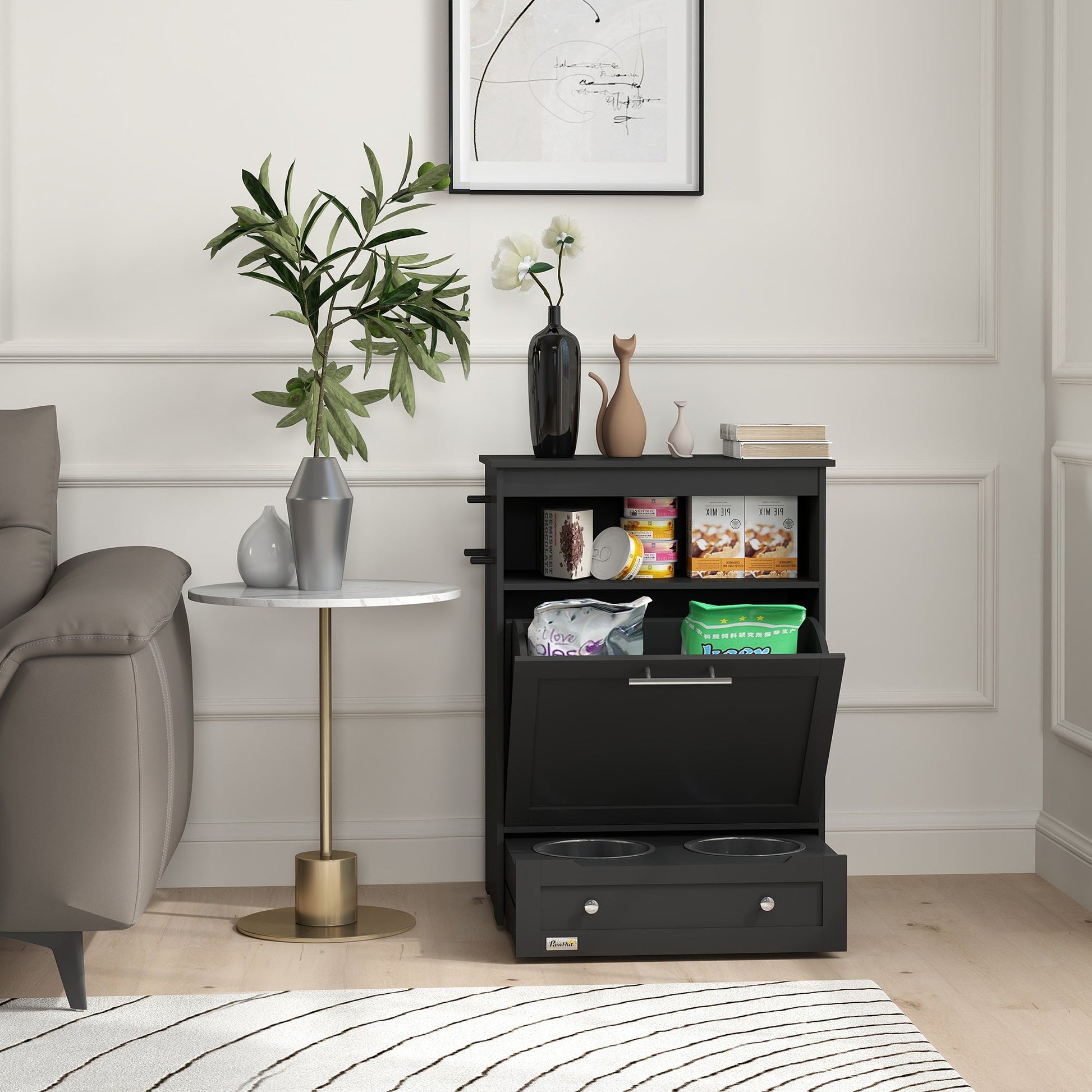 KFX-2081085 Pet Feeder Station Storage Cabinet with Two Removable Bowls and Storage Space, Black