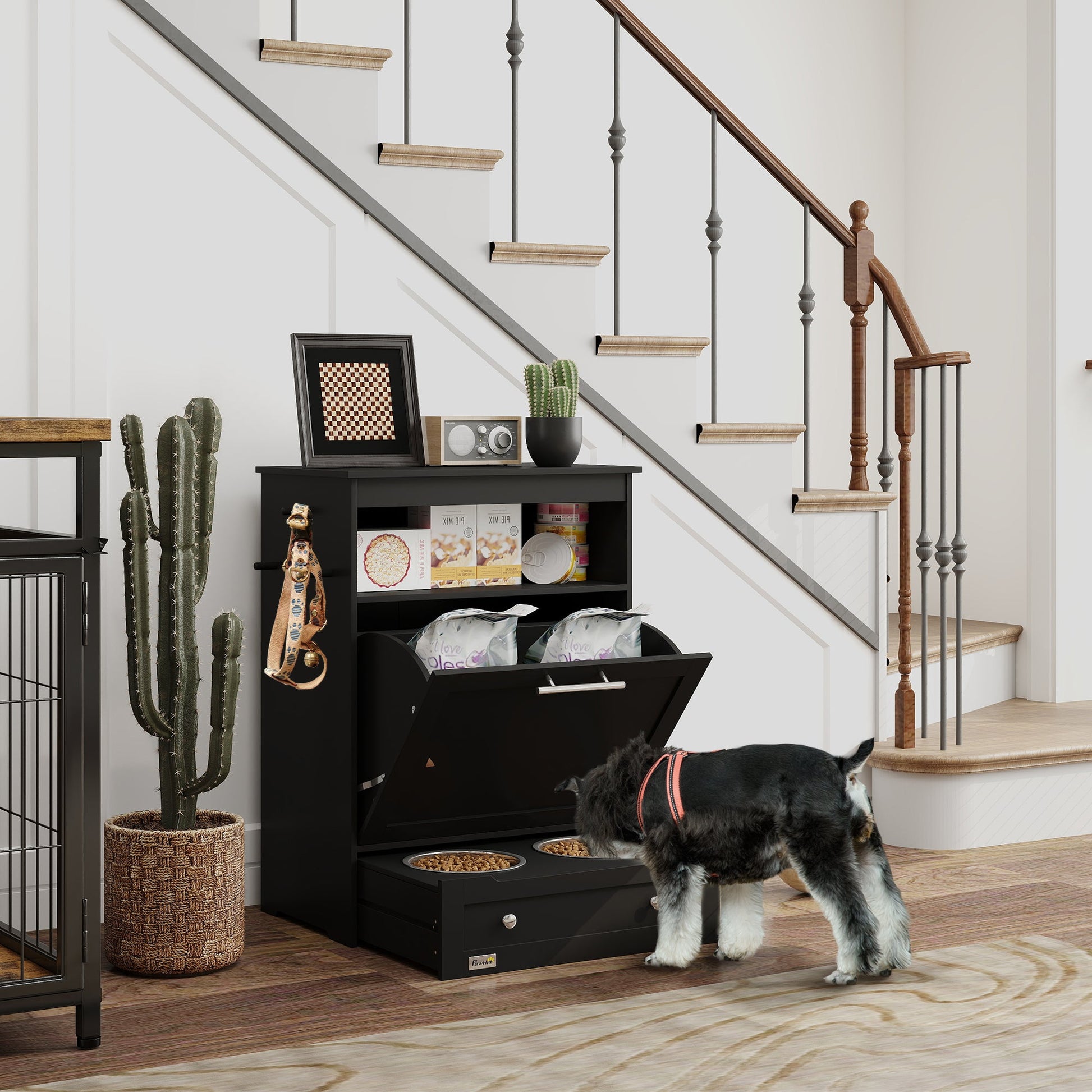 KFX-2081085 Pet Feeder Station Storage Cabinet with Two Removable Bowls and Storage Space, Black