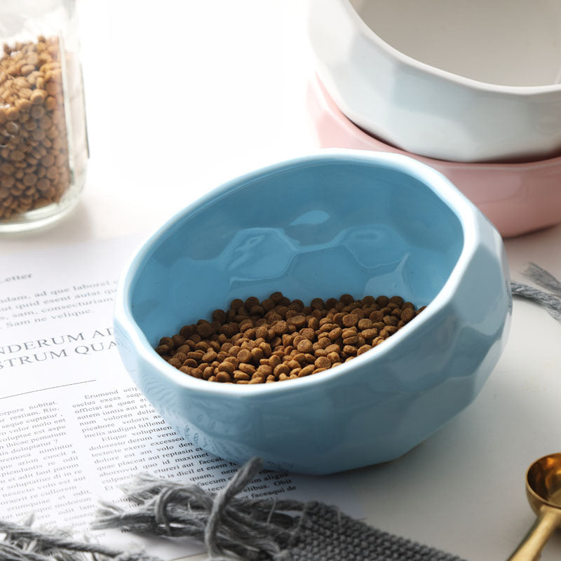 KFX-2086845 Ceramic Pet Food and Water Bowl with Oblique Mouth - Large Capacity, Available in Pink, White, and Blue