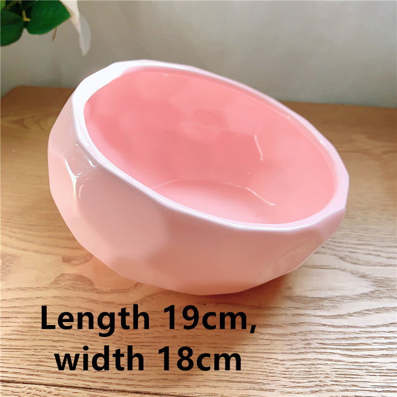 KFX-2086845 Ceramic Pet Food and Water Bowl with Oblique Mouth - Large Capacity, Available in Pink, White, and Blue