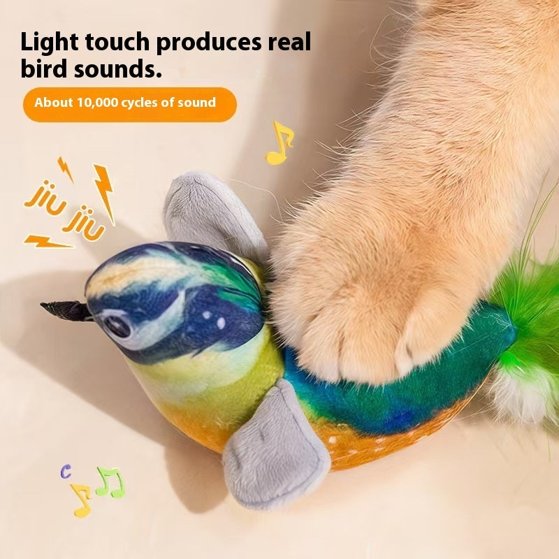 KFX-2087485 Blue, Yellow & Gray Robin Plush Cat Teaser Toy with Vocalization