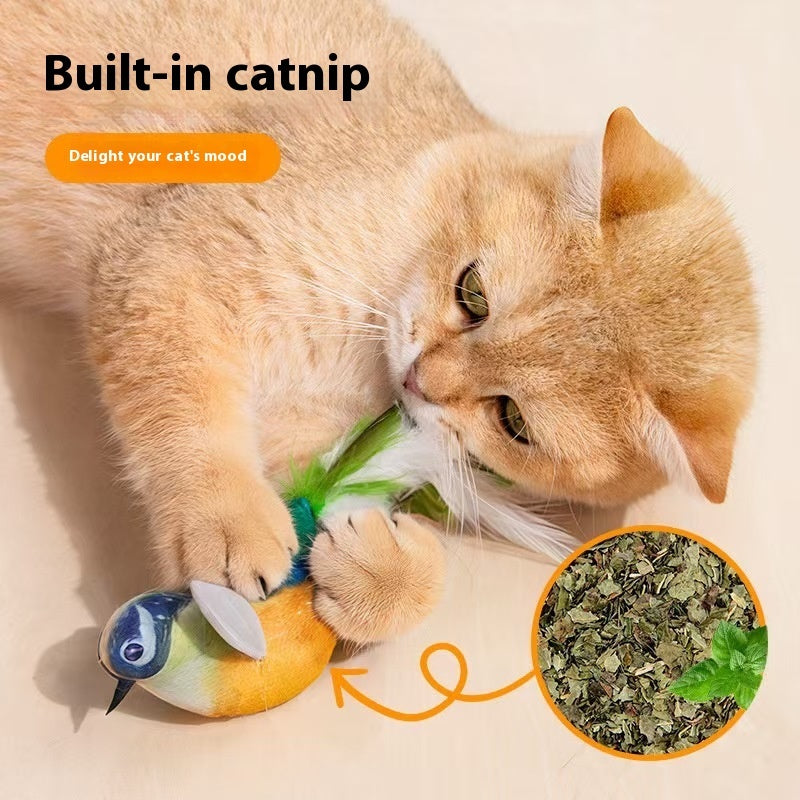 KFX-2087485 Blue, Yellow & Gray Robin Plush Cat Teaser Toy with Vocalization