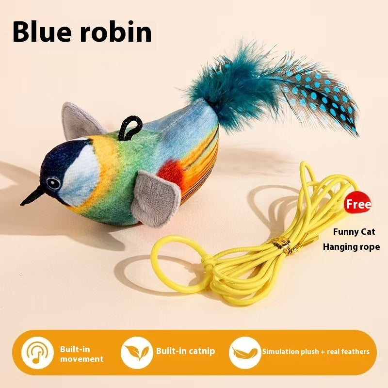 KFX-2087485 Blue, Yellow & Gray Robin Plush Cat Teaser Toy with Vocalization