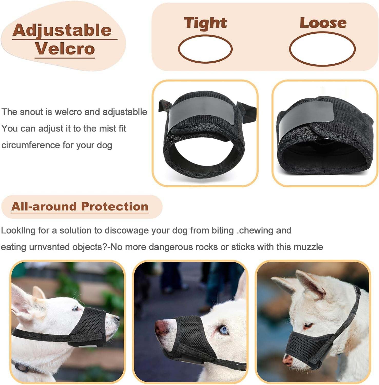 KFX-2088125 Comfortable Mesh Muzzle for Dogs, Adjustable Design for Safe Drinking and Panting, Prevents Biting and Chewing