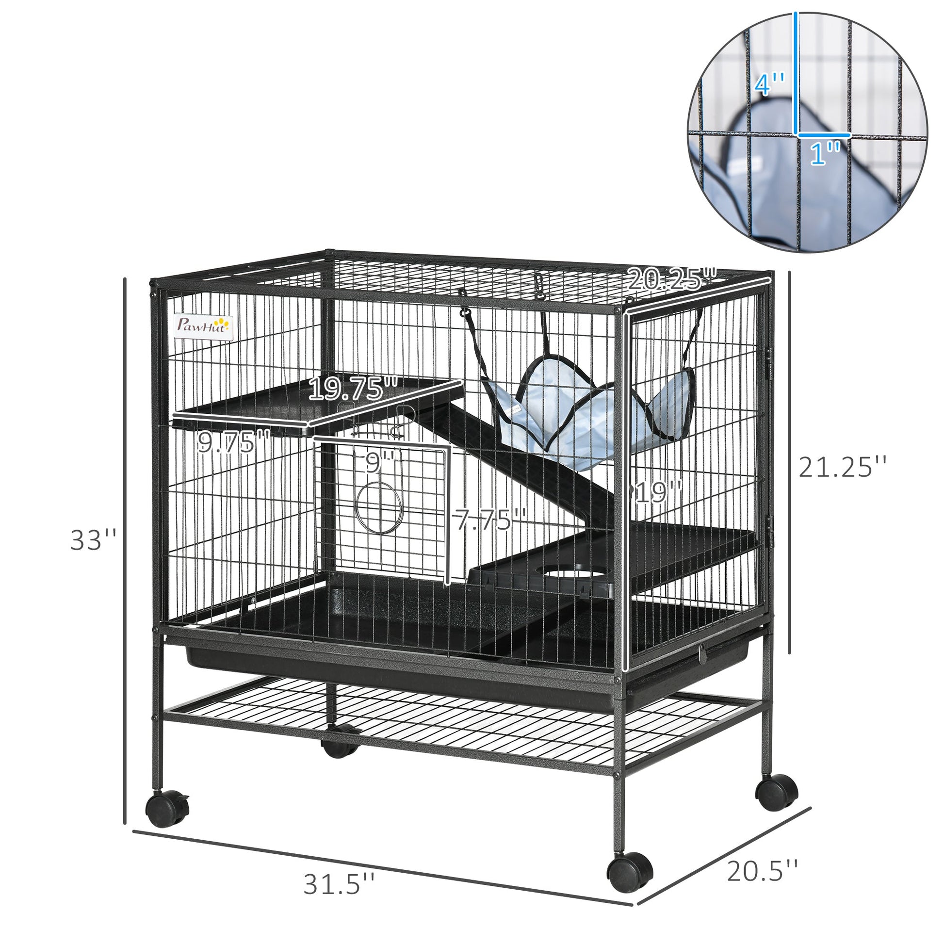 KFX-2090301 Small Animal Habitat Cage with Wheels and Removable Tray, 3-Tier Playpen for Rats, Hamsters, Kittens, Ferrets, and Chinchillas