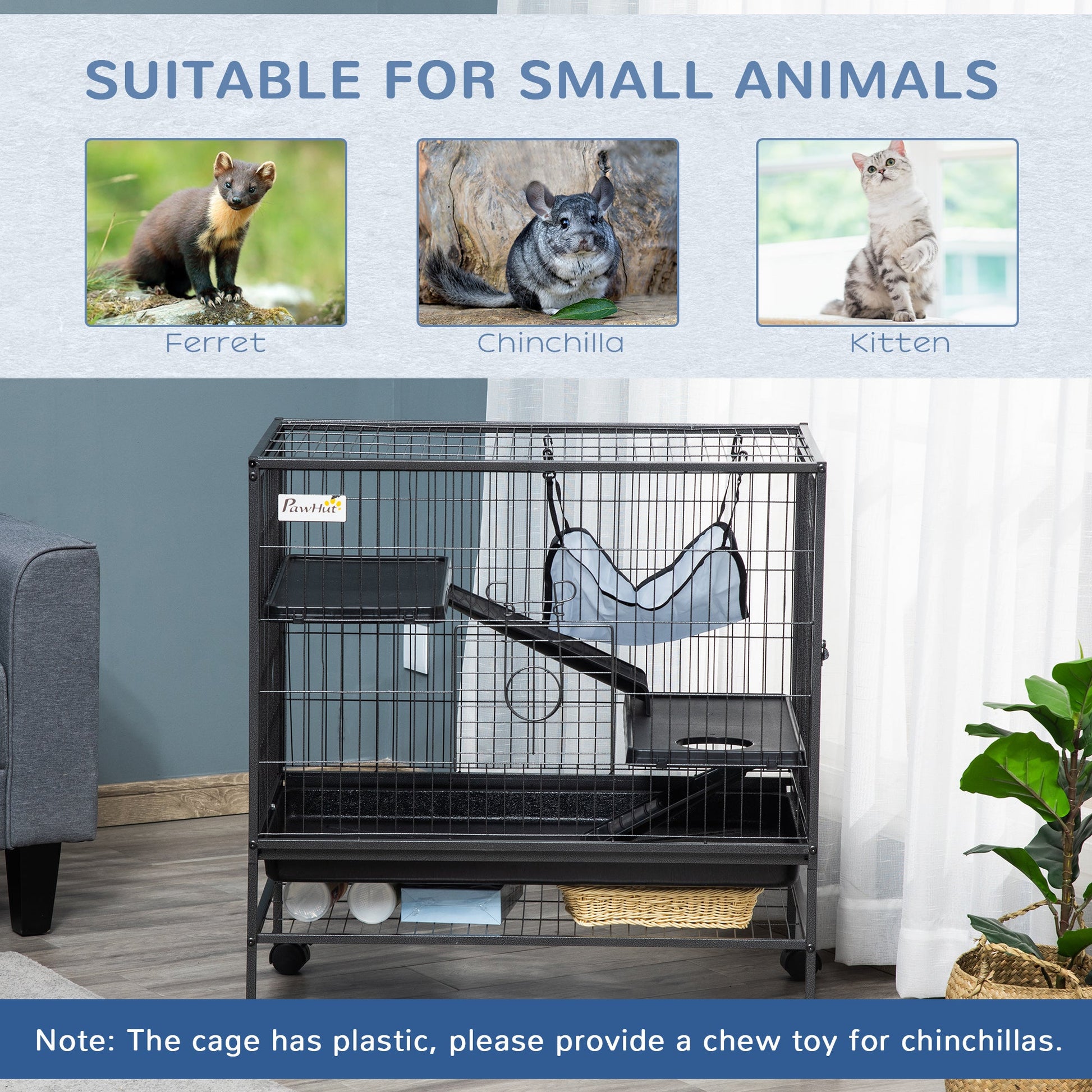 KFX-2090301 Small Animal Habitat Cage with Wheels and Removable Tray, 3-Tier Playpen for Rats, Hamsters, Kittens, Ferrets, and Chinchillas