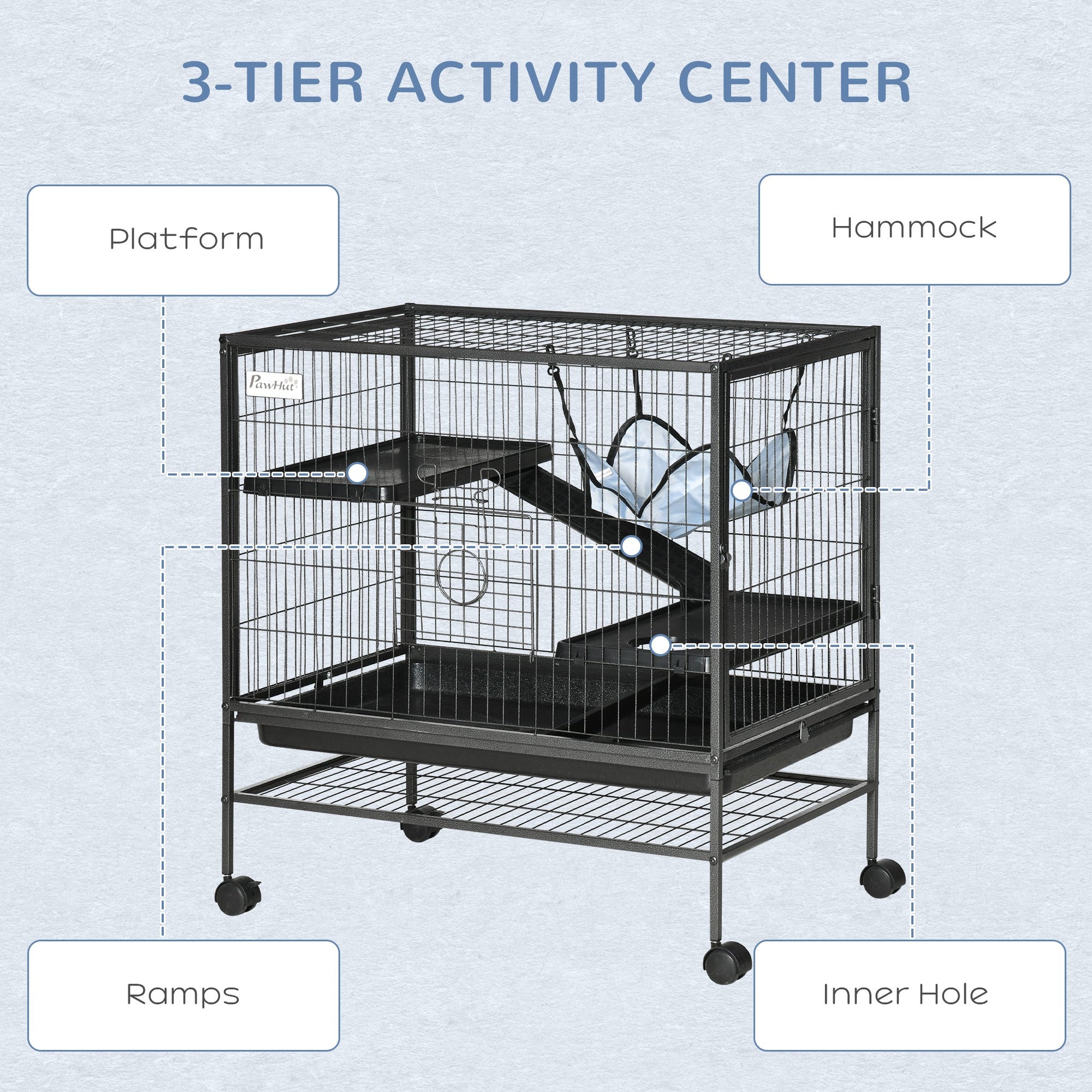 KFX-2090301 Small Animal Habitat Cage with Wheels and Removable Tray, 3-Tier Playpen for Rats, Hamsters, Kittens, Ferrets, and Chinchillas