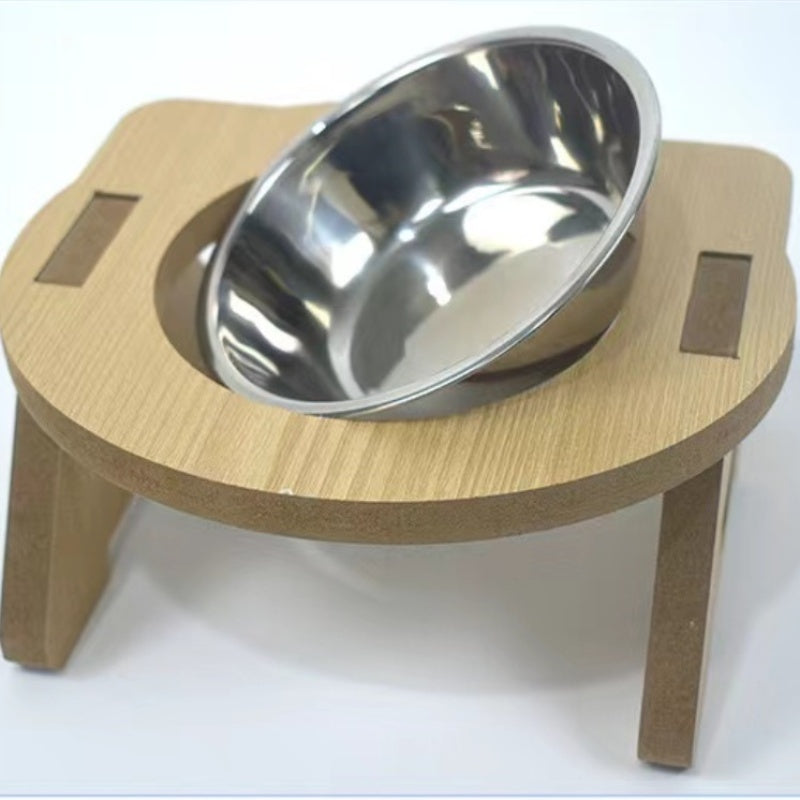 KFX-2093885 Elevated Wooden Cat Bowl Feeder with Stainless Steel Bowls for Food and Water, Anti-Overturn Design