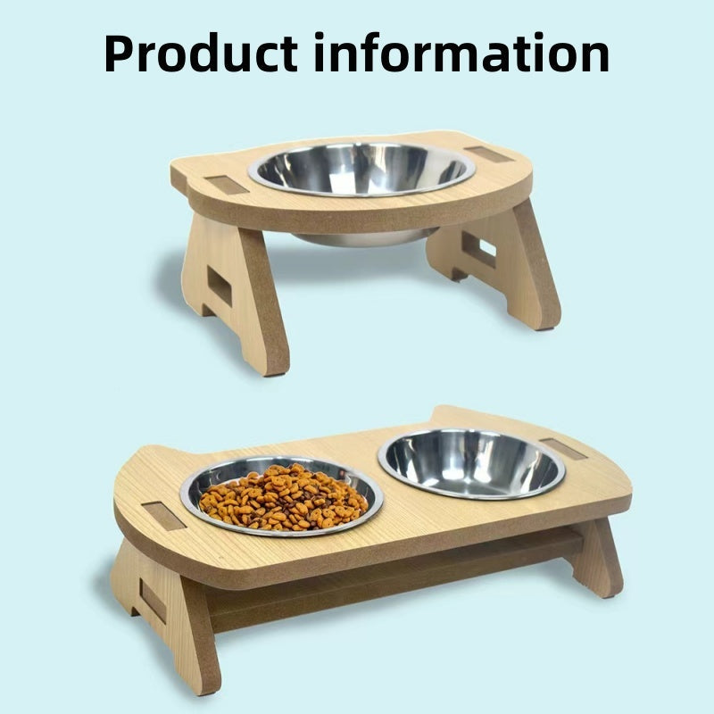 KFX-2093885 Elevated Wooden Cat Bowl Feeder with Stainless Steel Bowls for Food and Water, Anti-Overturn Design