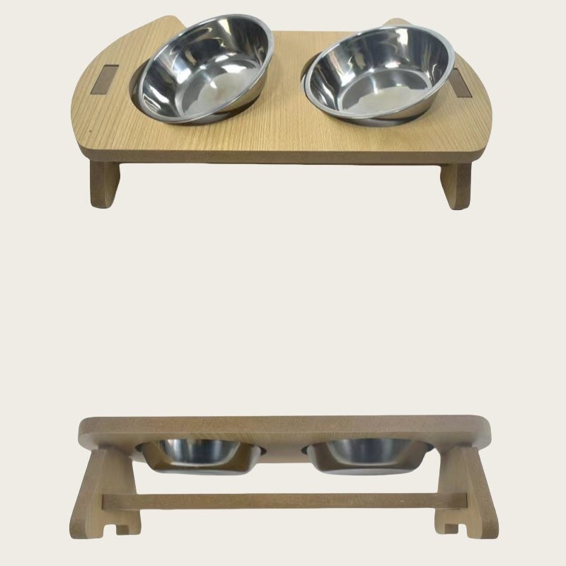 KFX-2093885 Elevated Wooden Cat Bowl Feeder with Stainless Steel Bowls for Food and Water, Anti-Overturn Design