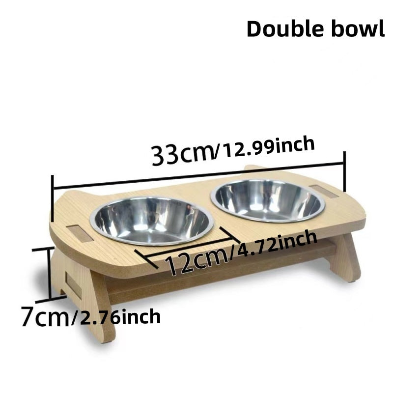 KFX-2093885 Elevated Wooden Cat Bowl Feeder with Stainless Steel Bowls for Food and Water, Anti-Overturn Design