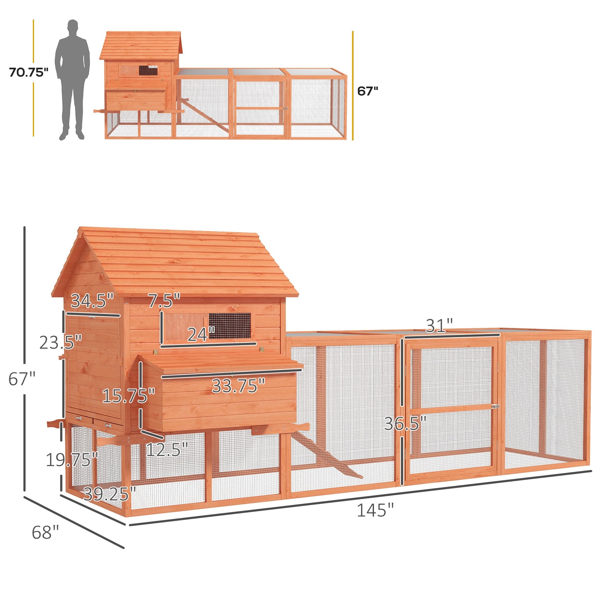 KFX-2096061 145" Wooden Chicken Coop with Run and Removable Tray for Easy Cleaning