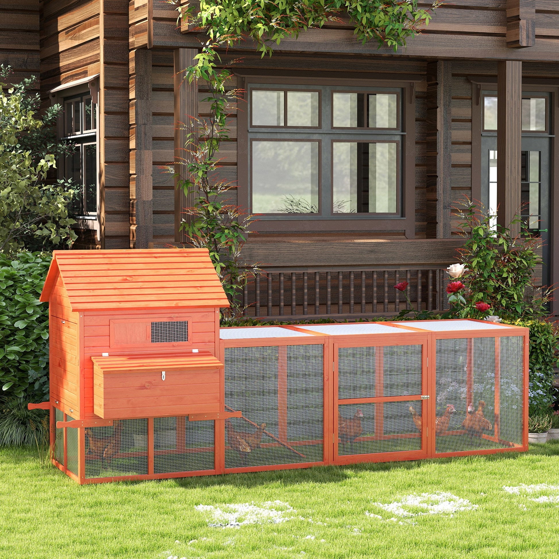 KFX-2096061 145" Wooden Chicken Coop with Run and Removable Tray for Easy Cleaning
