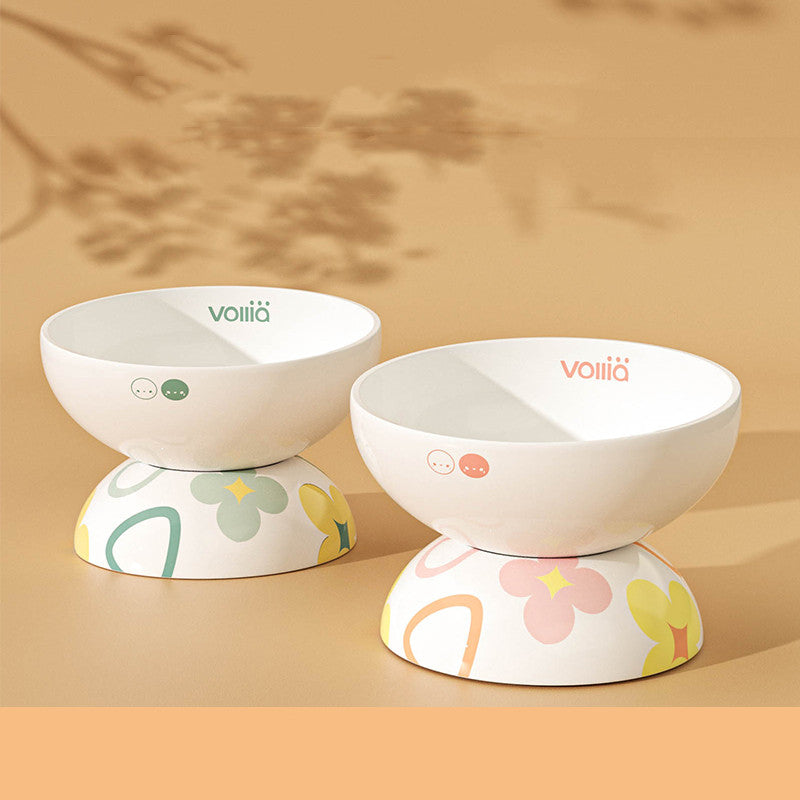 KFX-2098365 Ceramic Oblique Mouth Cat Food and Water Bowl in Floating Cherry Powder and Sycamore Green