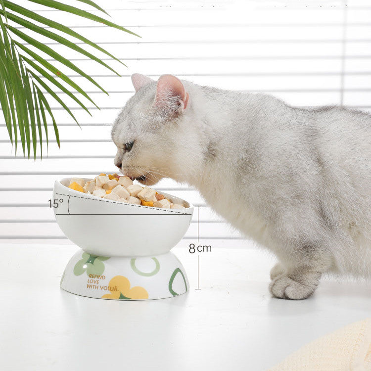 KFX-2098365 Ceramic Oblique Mouth Cat Food and Water Bowl in Floating Cherry Powder and Sycamore Green