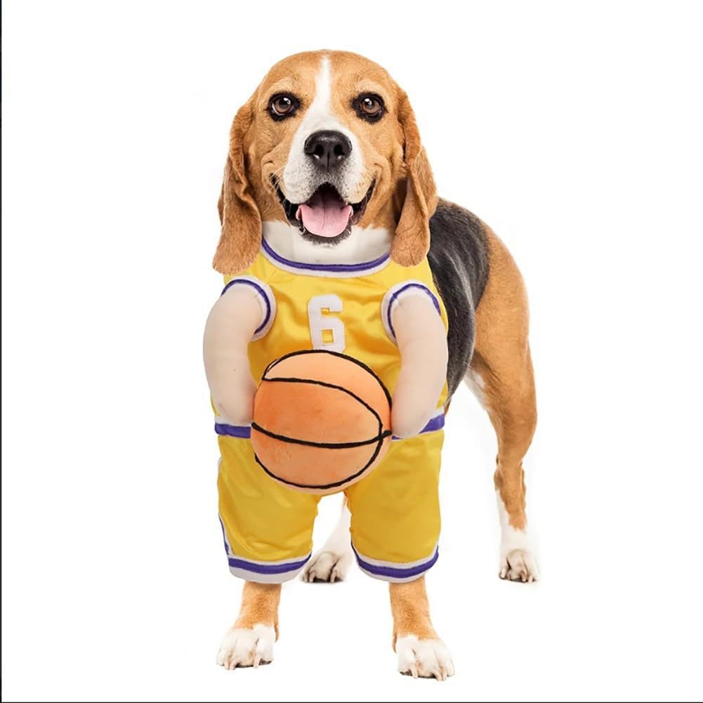 KFX-2099773 Creative Red and Yellow Dog Basketball Costume with Ball for Pets, Available in Small, Medium, and Large Sizes