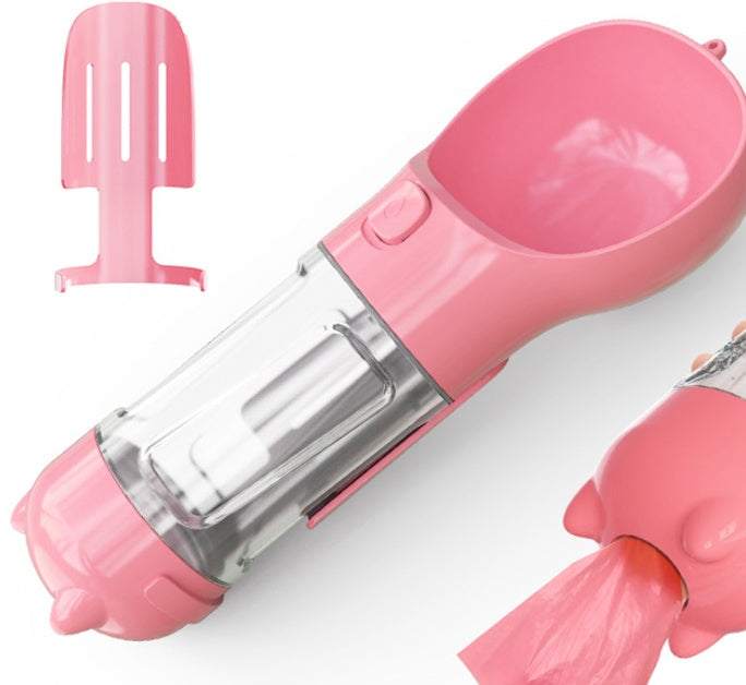 KFX-2103997 Multi-Functional Pet Water Bottle with Waste Bag and Shovel, 300ml - Available in Yellow, Pink, Blue, Green
