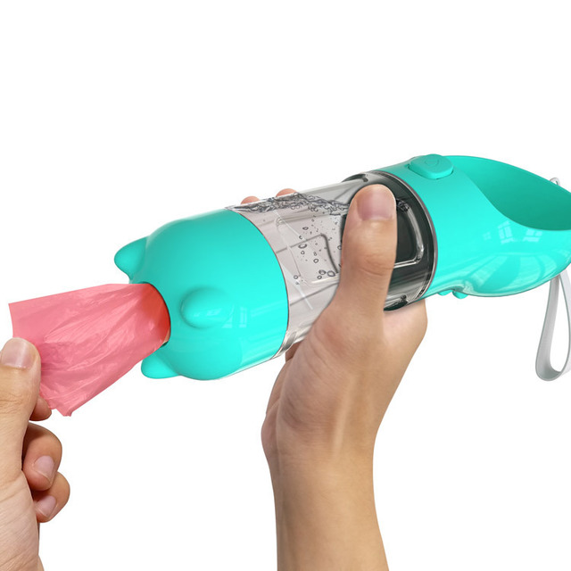 KFX-2103997 Multi-Functional Pet Water Bottle with Waste Bag and Shovel, 300ml - Available in Yellow, Pink, Blue, Green