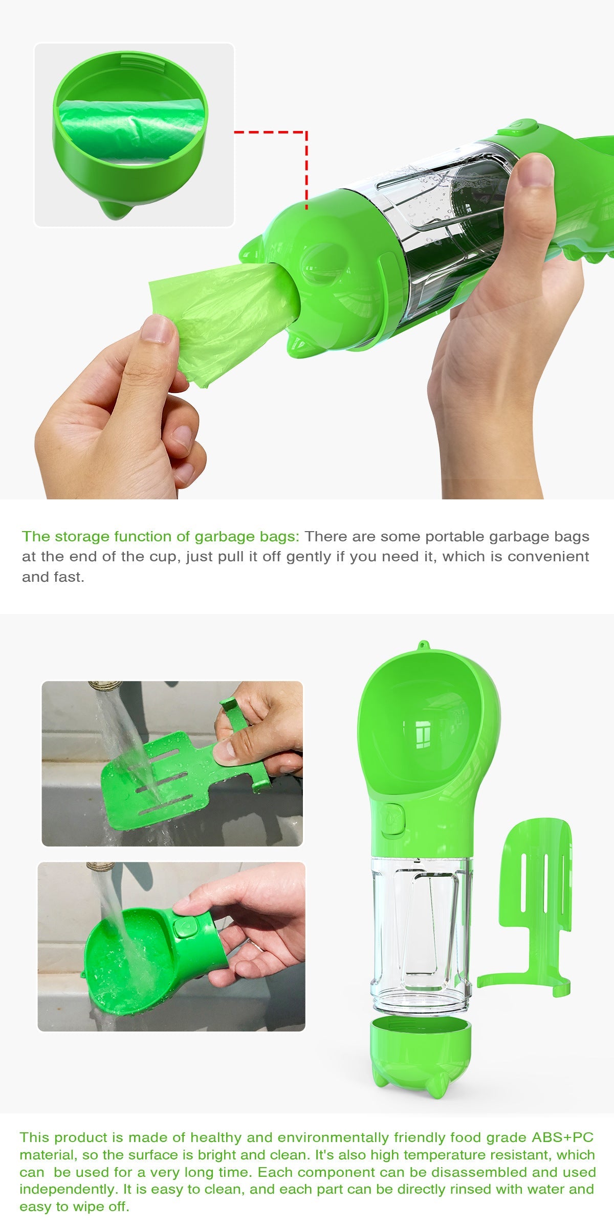 KFX-2103997 Multi-Functional Pet Water Bottle with Waste Bag and Shovel, 300ml - Available in Yellow, Pink, Blue, Green