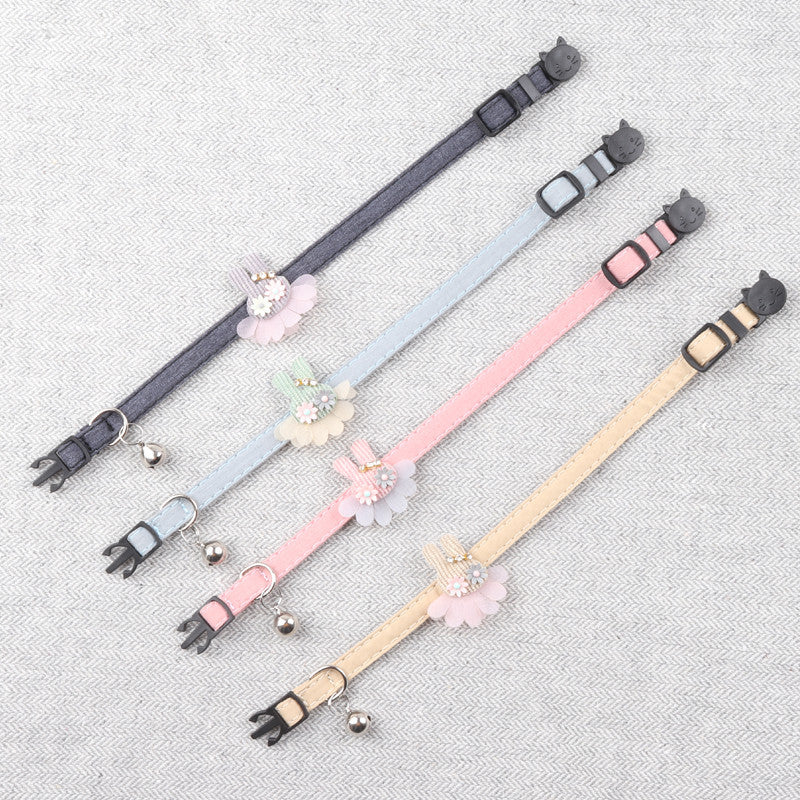 KFX-2109885 Pure Color Ribbon Pet Collar for Cats with Bell - Available in Gray, Brown, Light Blue, Khaki, and Pink