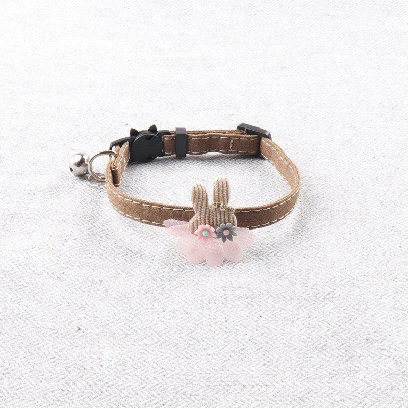 KFX-2109885 Pure Color Ribbon Pet Collar for Cats with Bell - Available in Gray, Brown, Light Blue, Khaki, and Pink
