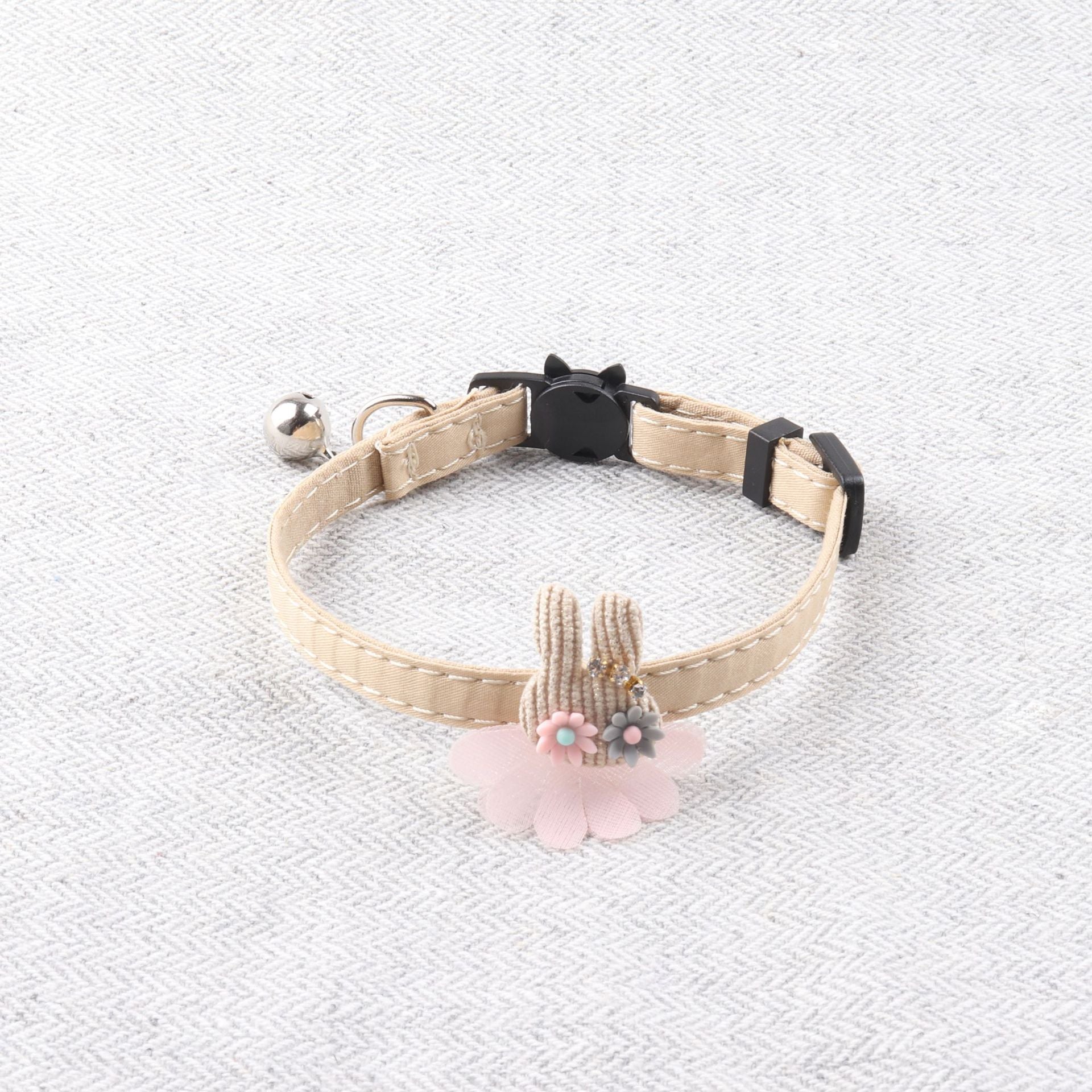 KFX-2109885 Pure Color Ribbon Pet Collar for Cats with Bell - Available in Gray, Brown, Light Blue, Khaki, and Pink