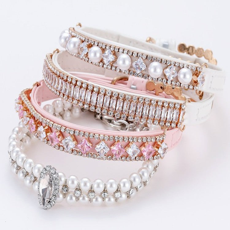 KFX-2115645 Cat Pearl Necklace and Dog Chain - Available in Pink and White, Sizes XS to L