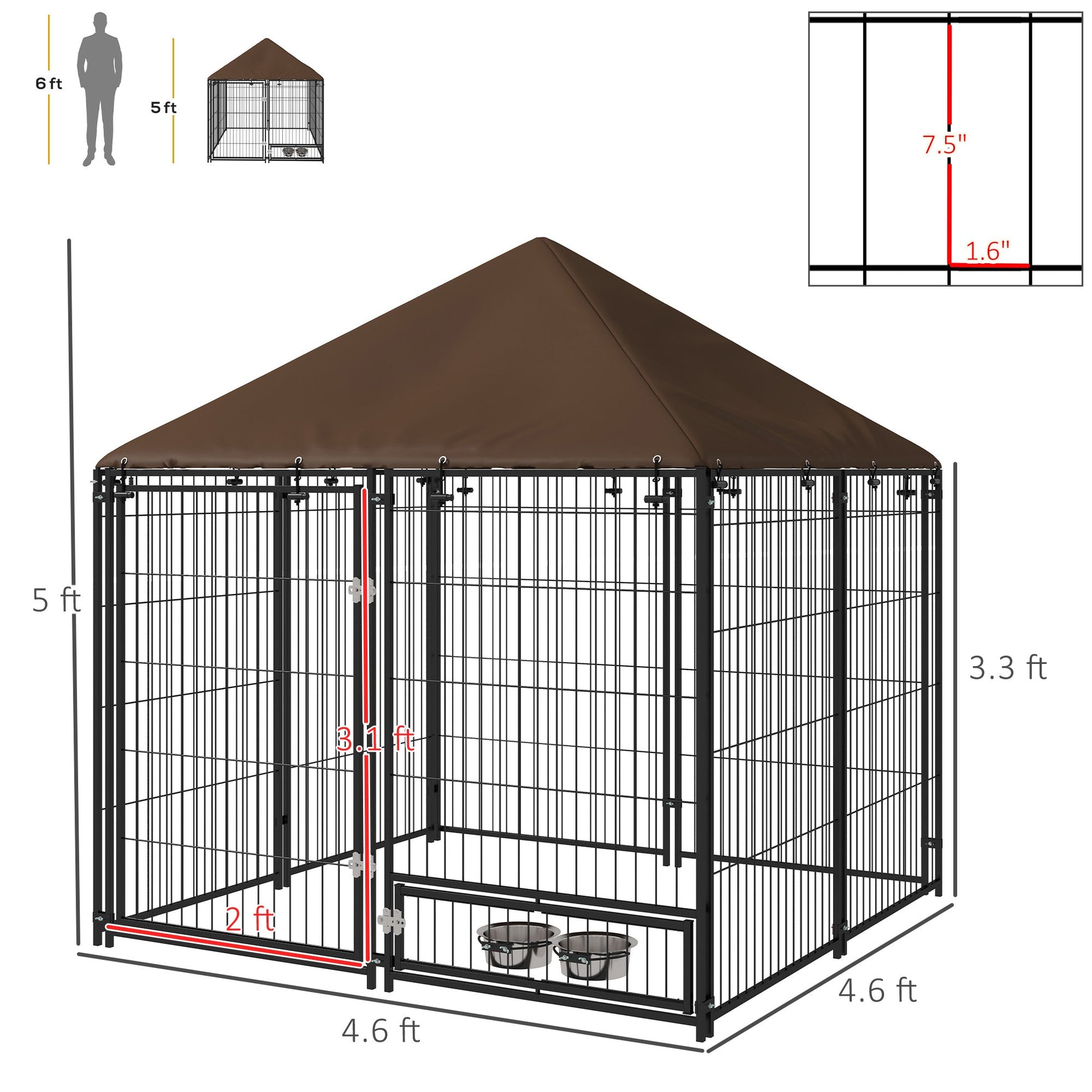 KFX-2117309 Outdoor Dog Kennel Playpen with Canopy, 4.6' x 4.6' x 5', Includes Rotating Food and Water Bowls