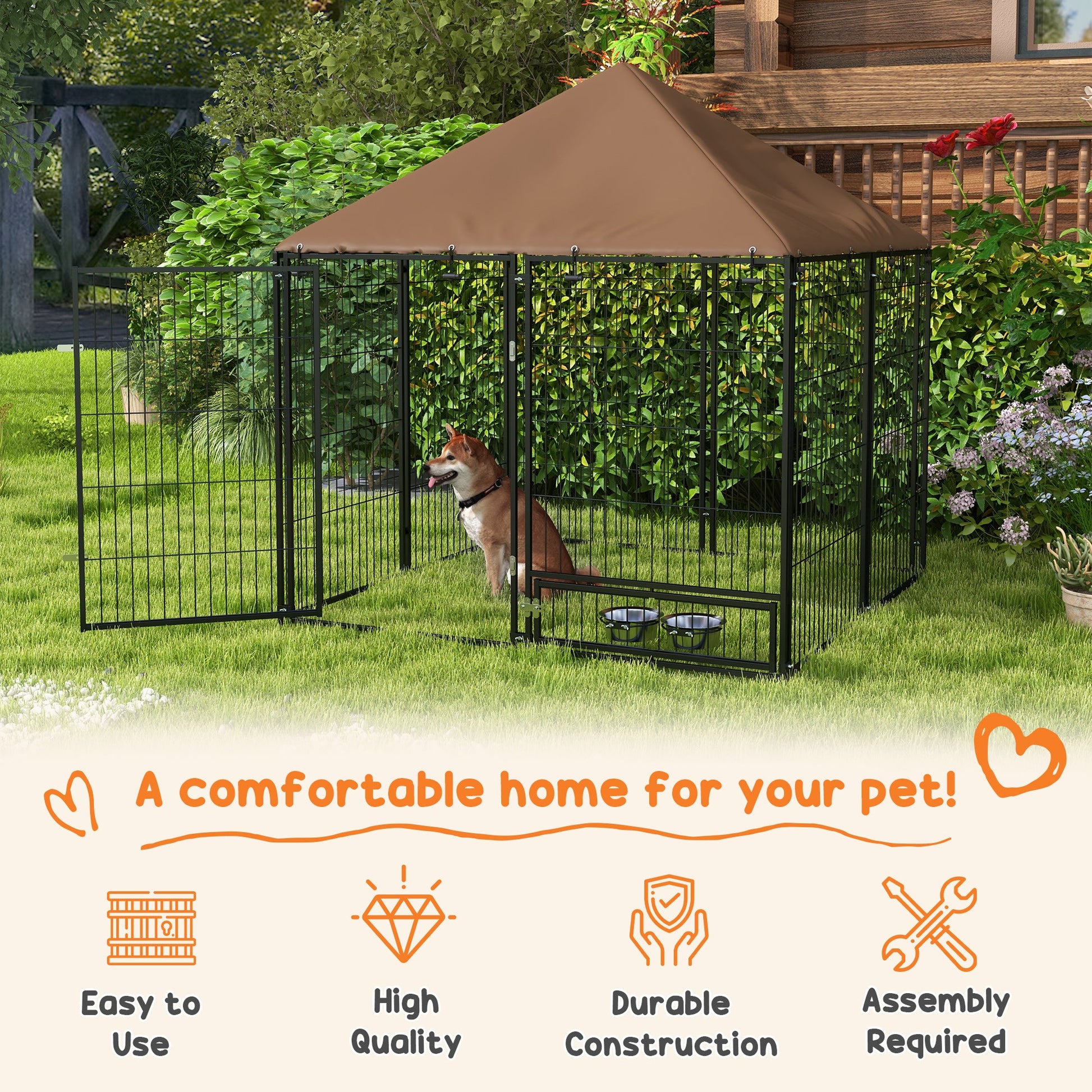 KFX-2117309 Outdoor Dog Kennel Playpen with Canopy, 4.6' x 4.6' x 5', Includes Rotating Food and Water Bowls