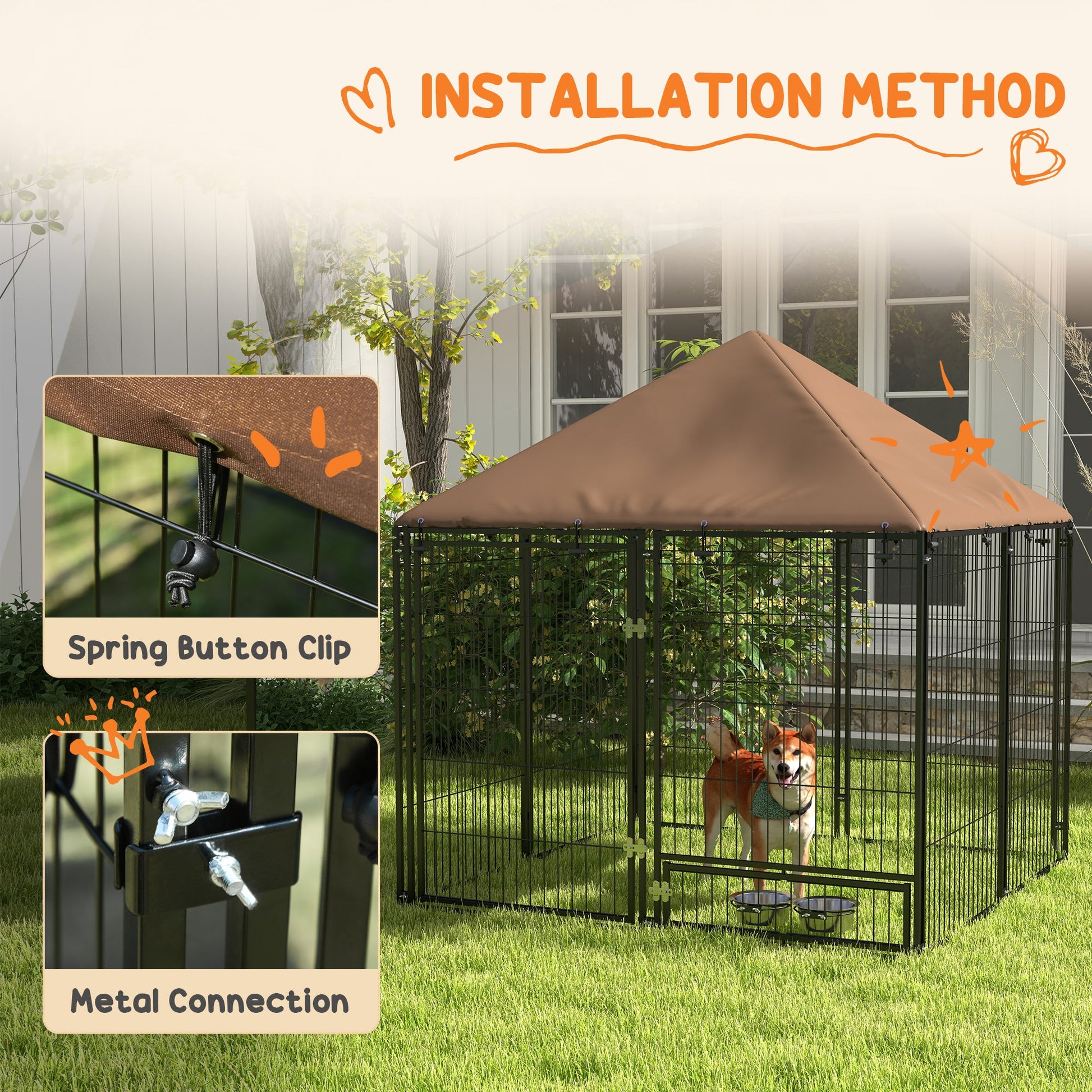 KFX-2117309 Outdoor Dog Kennel Playpen with Canopy, 4.6' x 4.6' x 5', Includes Rotating Food and Water Bowls