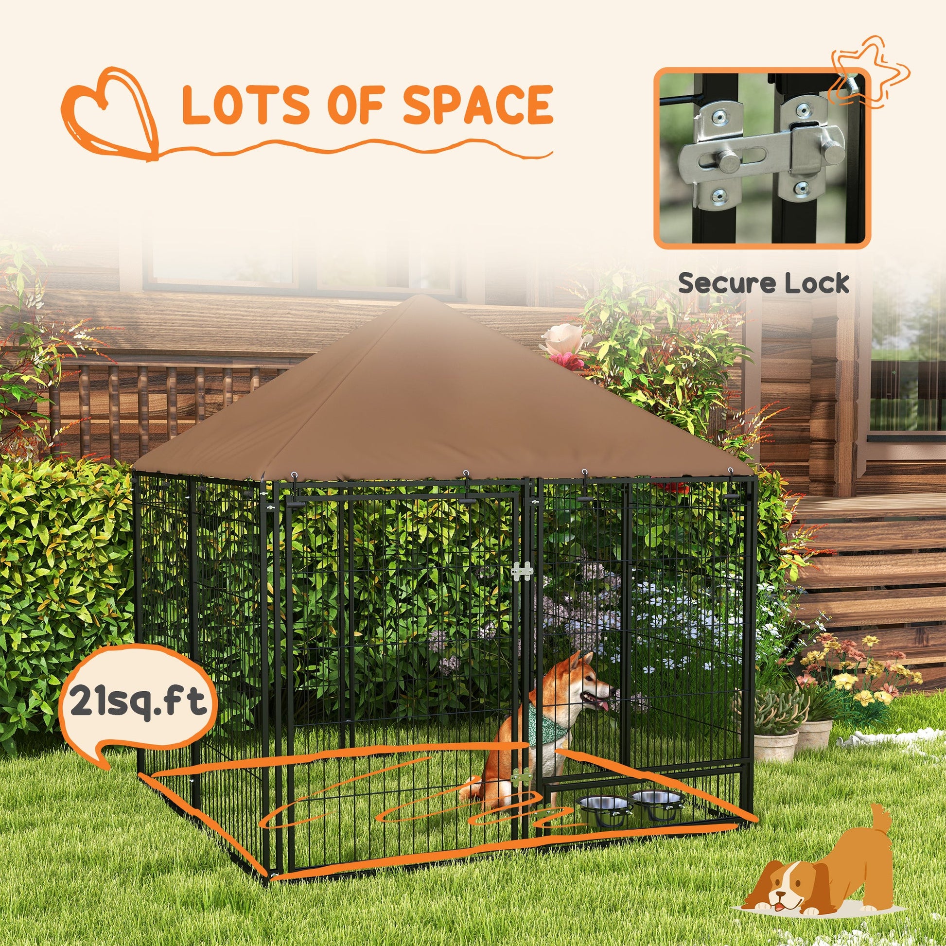 KFX-2117309 Outdoor Dog Kennel Playpen with Canopy, 4.6' x 4.6' x 5', Includes Rotating Food and Water Bowls
