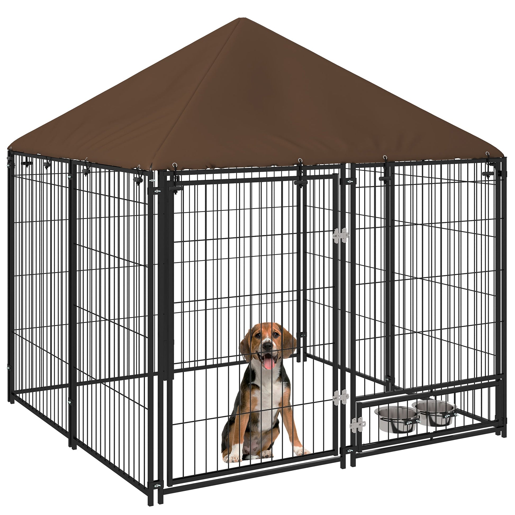 KFX-2117309 Outdoor Dog Kennel Playpen with Canopy, 4.6' x 4.6' x 5', Includes Rotating Food and Water Bowls