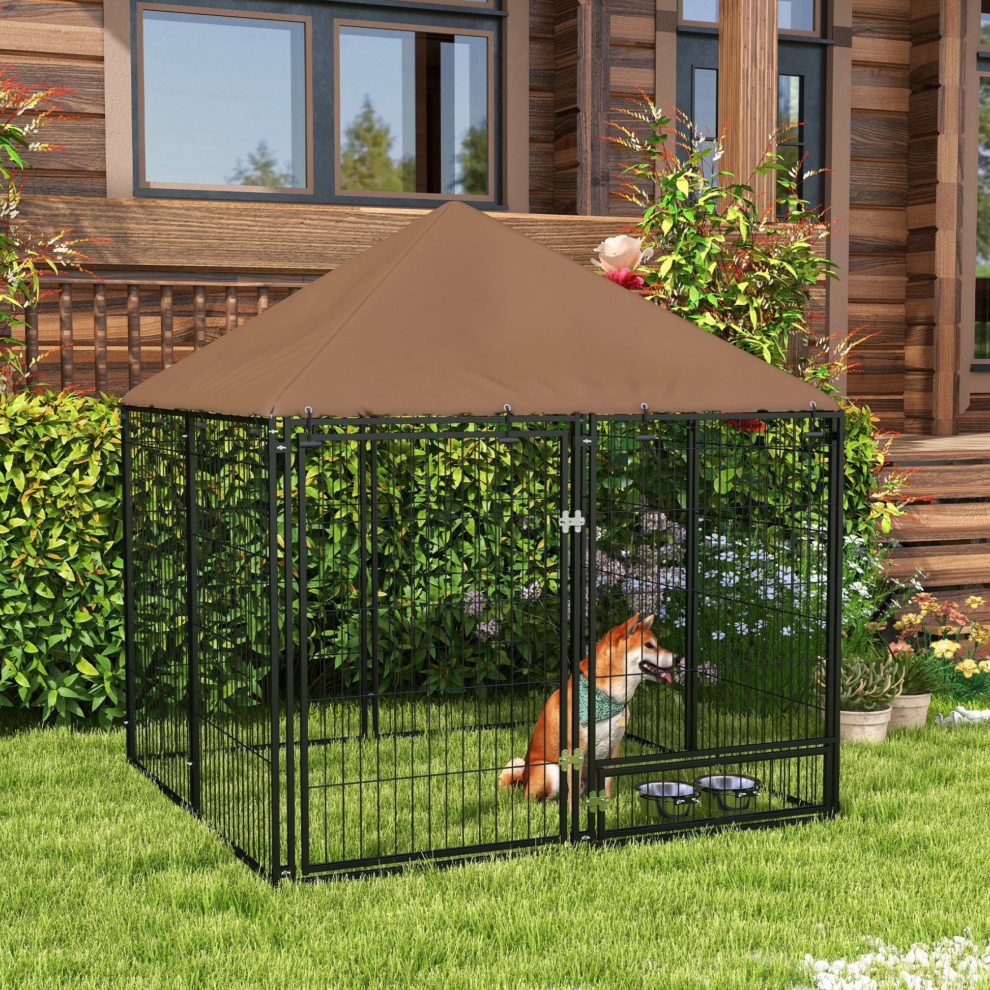 KFX-2117309 Outdoor Dog Kennel Playpen with Canopy, 4.6' x 4.6' x 5', Includes Rotating Food and Water Bowls
