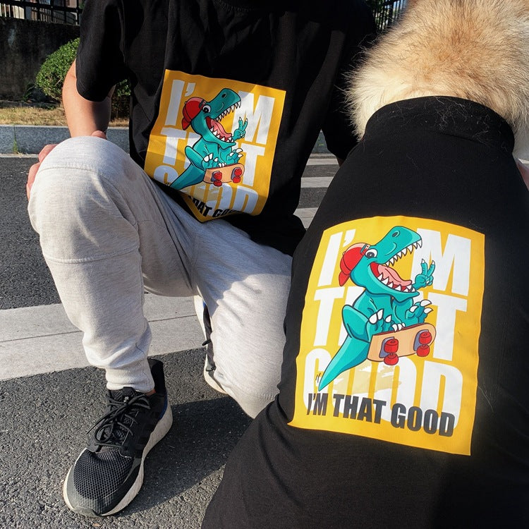 KFX-2121789 Cute Parent-Child Anti-Fluff Pet Clothes with Skateboard Dinosaur Print in Stylish Cotton