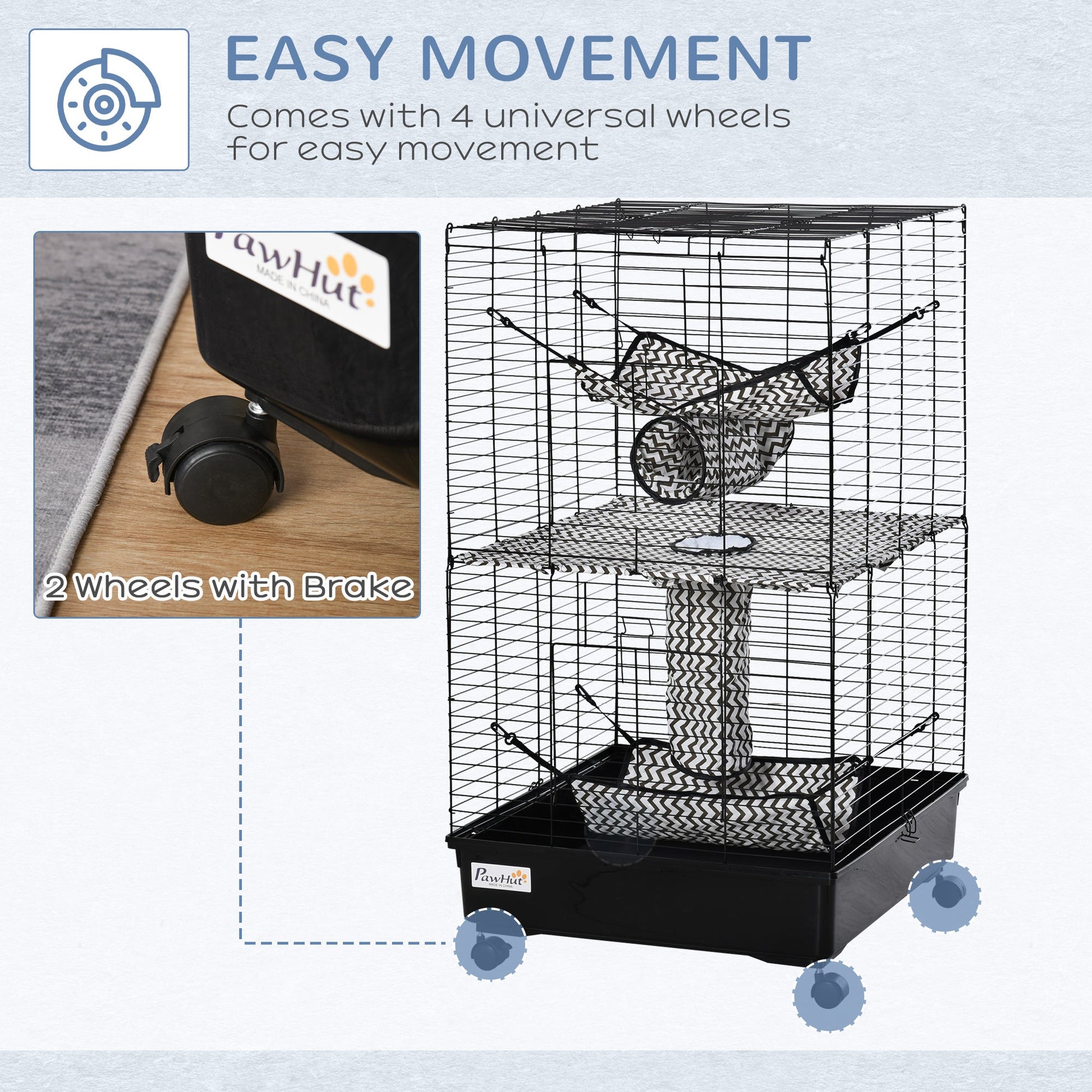 KFX-2123069 42" Multi-Tier Metal Ferret Cage with Wheels, Hammocks, Tunnels, and Three Doors, Black