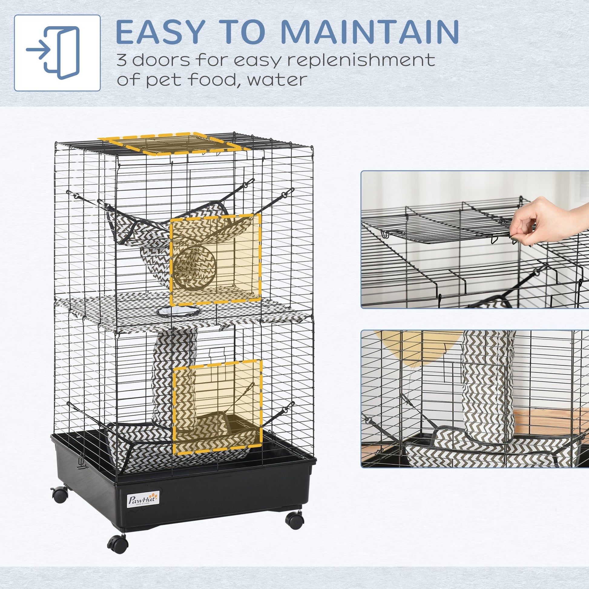 KFX-2123069 42" Multi-Tier Metal Ferret Cage with Wheels, Hammocks, Tunnels, and Three Doors, Black