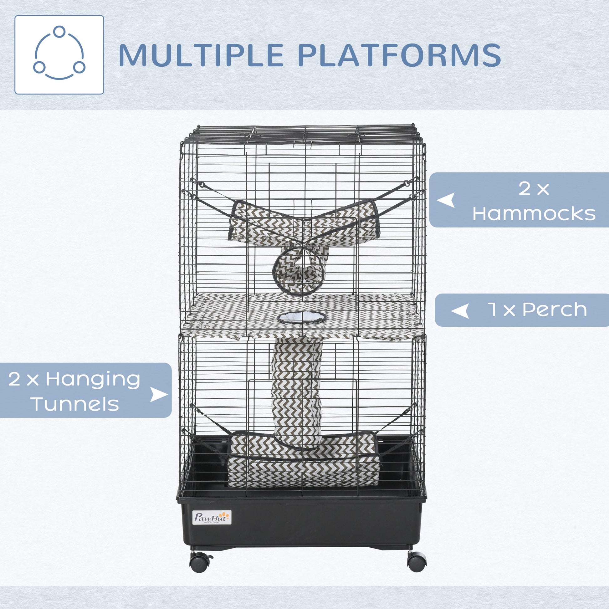 KFX-2123069 42" Multi-Tier Metal Ferret Cage with Wheels, Hammocks, Tunnels, and Three Doors, Black