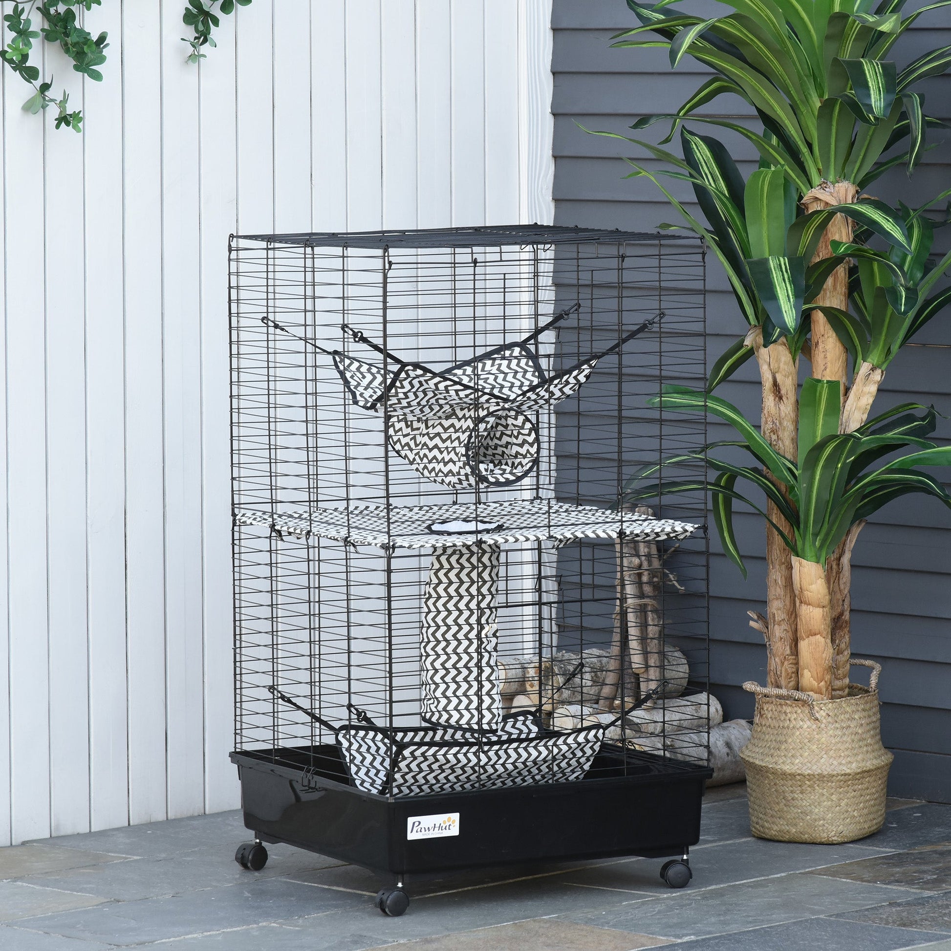 KFX-2123069 42" Multi-Tier Metal Ferret Cage with Wheels, Hammocks, Tunnels, and Three Doors, Black