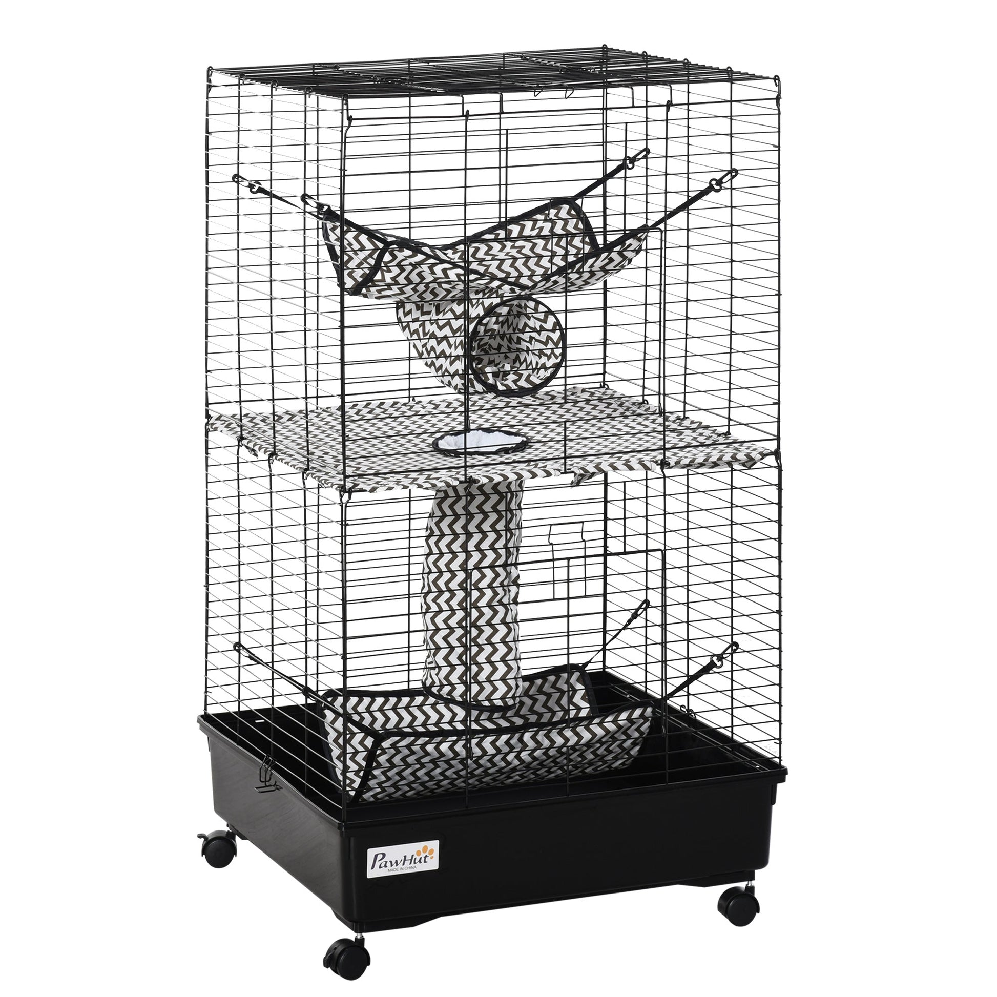 KFX-2123069 42" Multi-Tier Metal Ferret Cage with Wheels, Hammocks, Tunnels, and Three Doors, Black