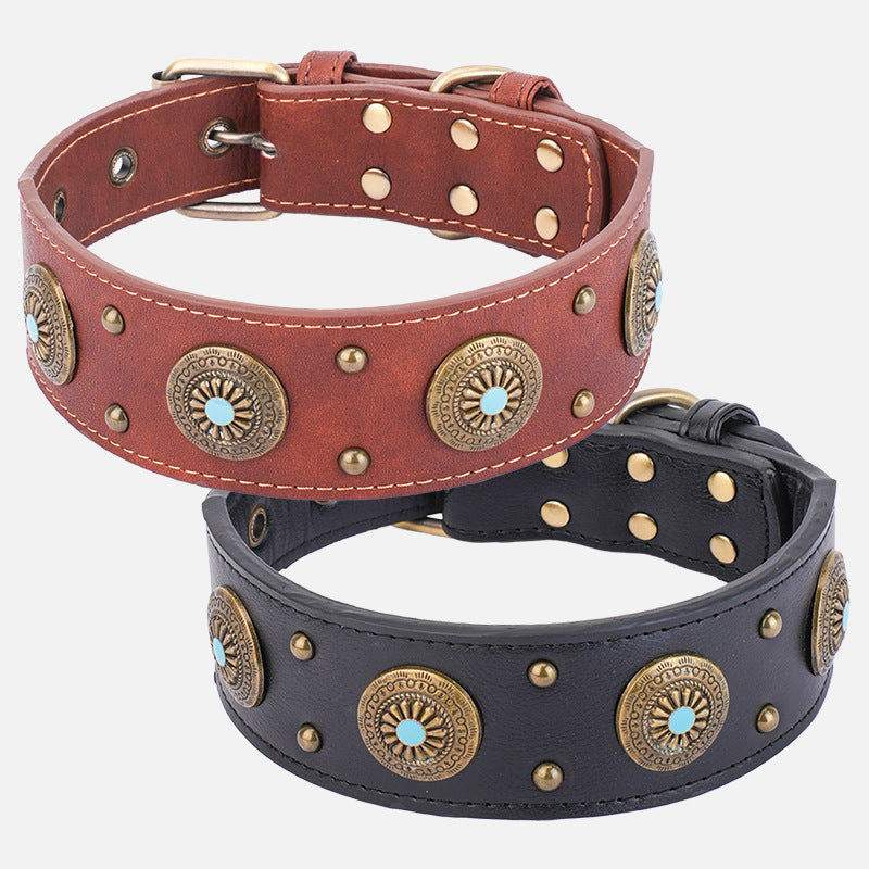 KFX-2127165 Retro Leather Dog Collar for Medium and Large Dogs in Brown and Black