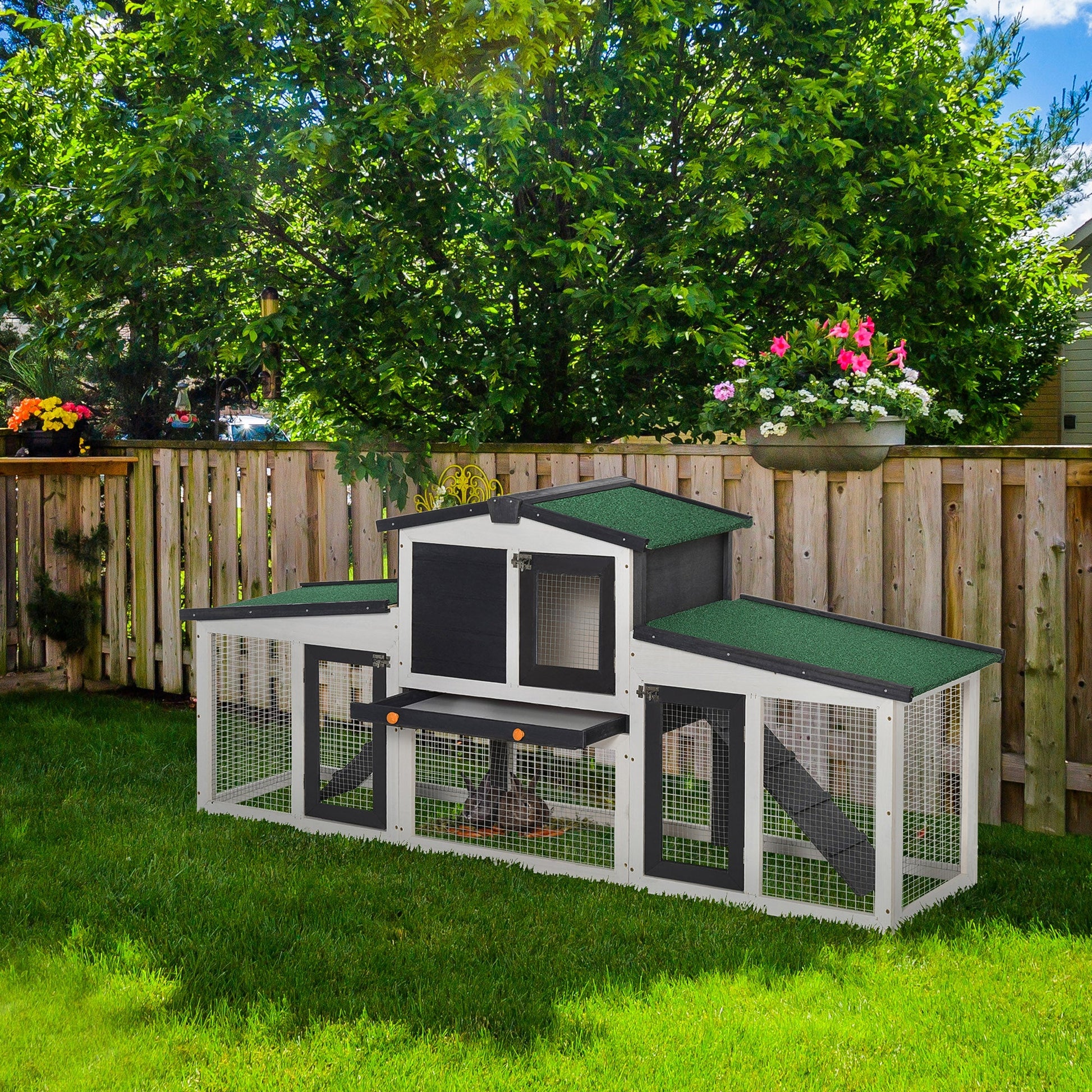 KFX-2128829 Large Gray Wooden Rabbit Hutch with Double Runs, Removable Cleaning Tray, and Asphalt Roof for Outdoor Use