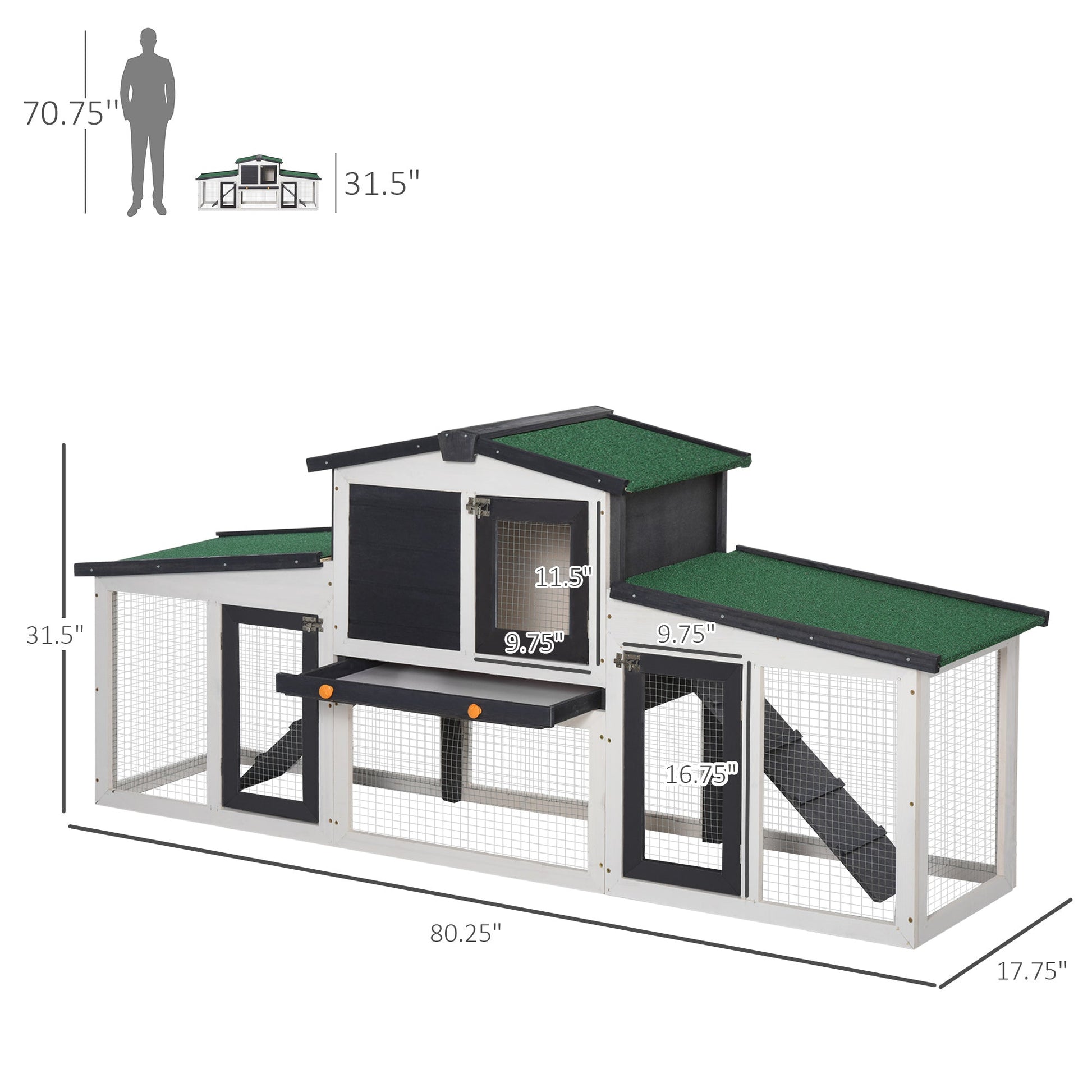 KFX-2128829 Large Gray Wooden Rabbit Hutch with Double Runs, Removable Cleaning Tray, and Asphalt Roof for Outdoor Use