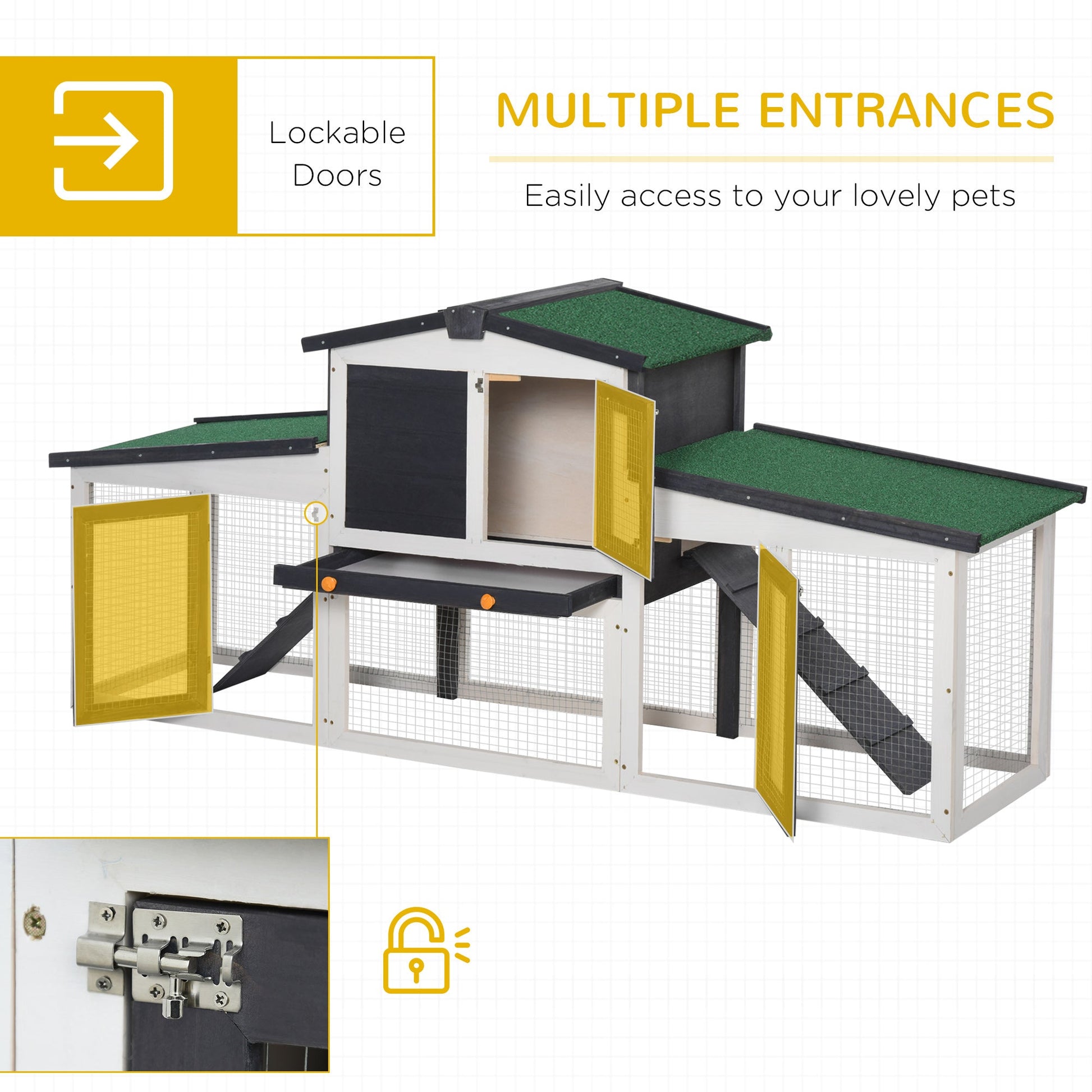 KFX-2128829 Large Gray Wooden Rabbit Hutch with Double Runs, Removable Cleaning Tray, and Asphalt Roof for Outdoor Use