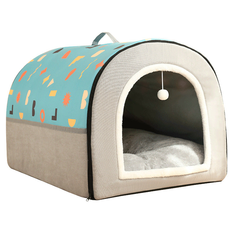 KFX-2129213 Warm Semi-Enclosed Removable & Washable Dog Kennel in Two-Color Geometric Pattern