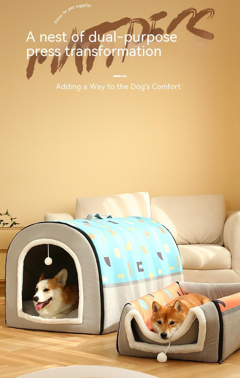 KFX-2129213 Warm Semi-Enclosed Removable & Washable Dog Kennel in Two-Color Geometric Pattern