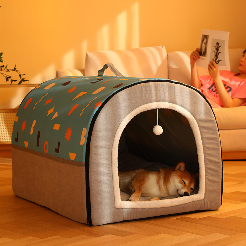 KFX-2129213 Warm Semi-Enclosed Removable & Washable Dog Kennel in Two-Color Geometric Pattern