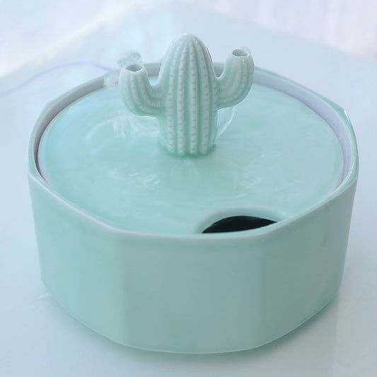 KFX-2131133 Cactus Cat Drinking Fountain - Ceramic Automatic Water Dispenser with USB Pump, 2000ml Capacity